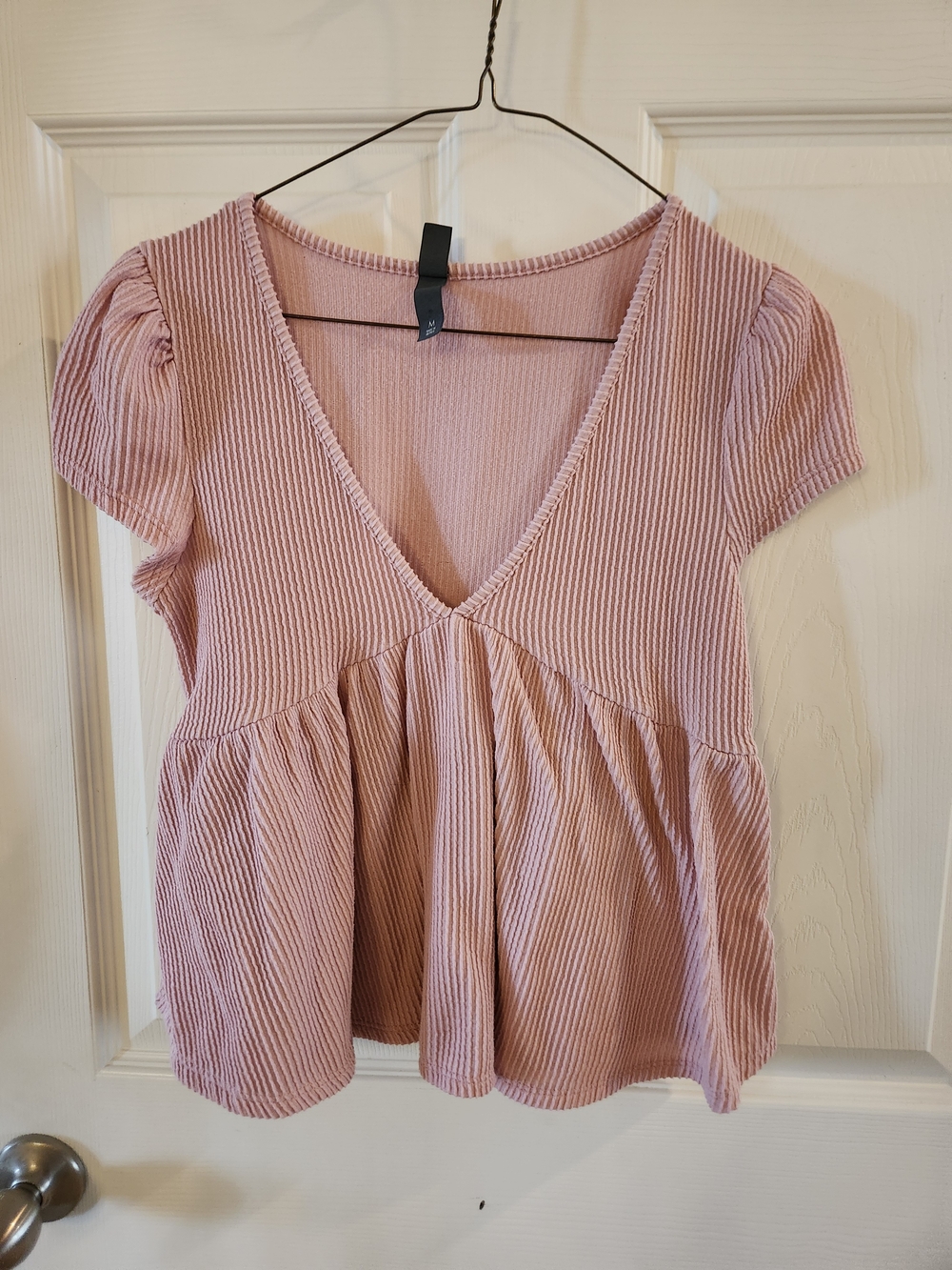 Alya Women’s Ribbed V-Neck Babydoll Top - Dusty Pink, Medium